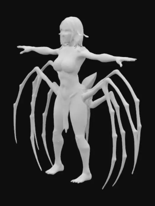 3D model for sci-fi fantasy  spider humanoid creature, T pose ,spider body and humanoid like structure, terrifying expression, spider in attack, clawed limbs, covered in torn clothes, extremely details, high resolution texture, epic stance