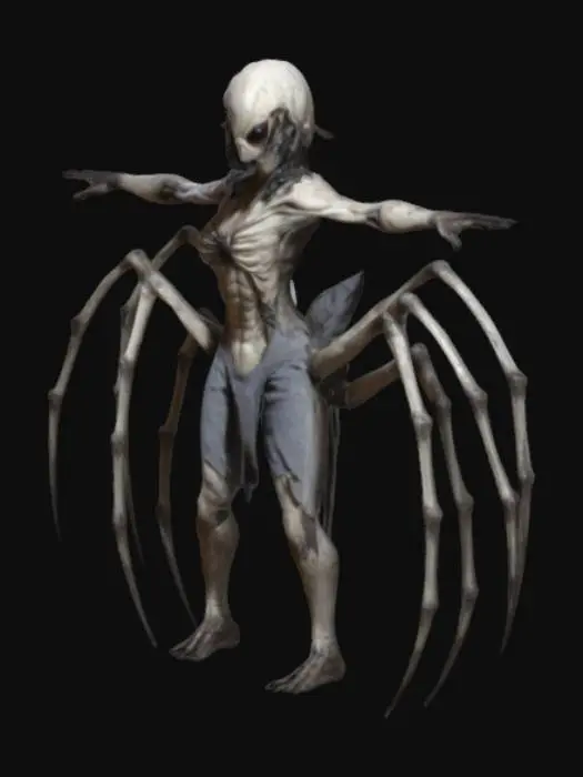 3D model for sci-fi fantasy  spider humanoid creature, T pose ,spider body and humanoid like structure, terrifying expression, spider in attack, clawed limbs, covered in torn clothes, extremely details, high resolution texture, epic stance