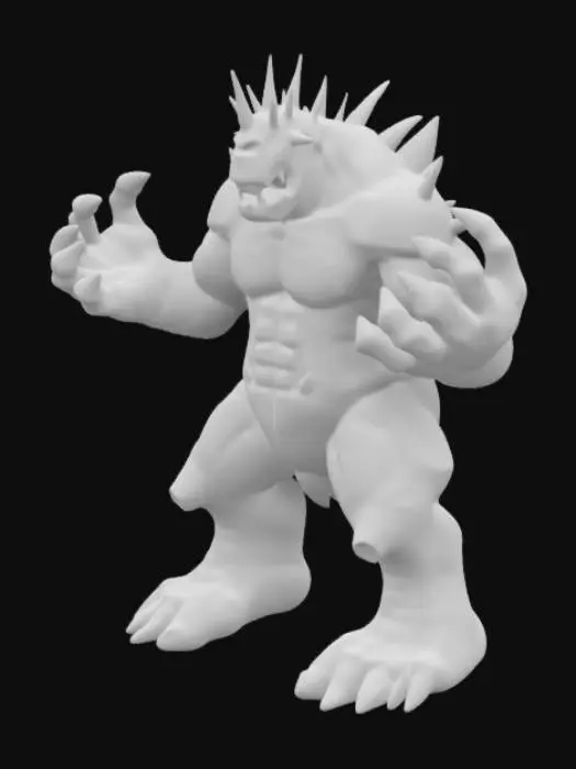 3D model for fantasy creature living underground, T pose, massive body covered with moon-like craters, standing on massive limbs, large paws tipped with claws, open mouth full of gleaming fangs, on the attack, paws extended in front, extremely detailed, high-resolution texture, epic stance