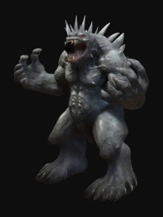 3D model for fantasy creature living underground, T pose, massive body covered with moon-like craters, standing on massive limbs, large paws tipped with claws, open mouth full of gleaming fangs, on the attack, paws extended in front, extremely detailed, high-resolution texture, epic stance