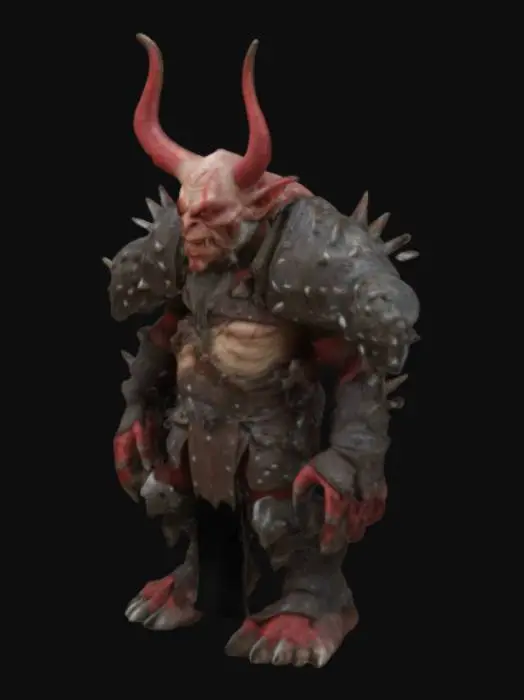 3D model for Medieval, Fantasy goblin boss with red skin, hes is wearing an armor with spikes, in the spikes the heads of his death enemies , t pose , Highly Detailed, Bust, no weapons , full body , realist body #game figure#