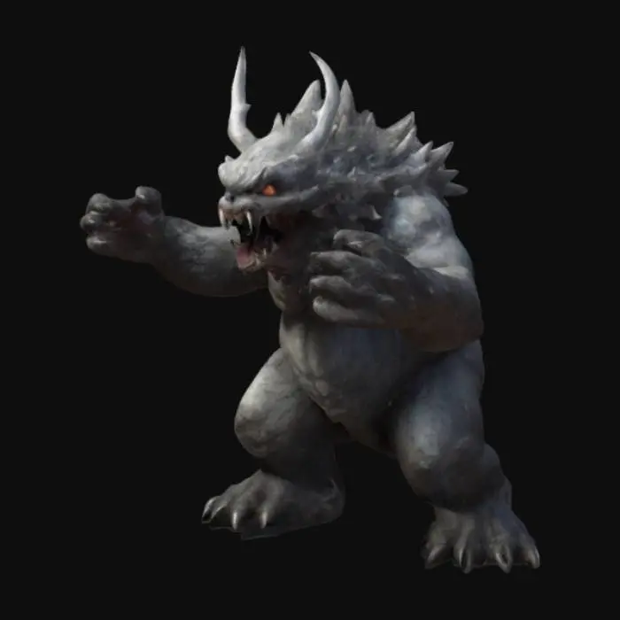 3D model for fantasy creature living underground, T pose, massive body covered with moon-like craters, standing on massive limbs, large paws tipped with claws, open mouth full of gleaming fangs, on the attack, paws extended in front, extremely detailed, high-resolution texture, epic stance