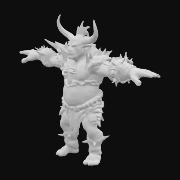 3D model for Medieval, Fantasy goblin boss with red skin, hes is wearing an armor with spikes, in the spikes the heads of his death enemies , t pose , Highly Detailed, Bust, no weapons , full body , realist body #game figure#