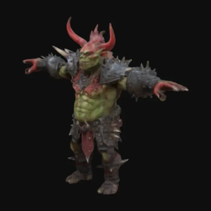 3D model for Medieval, Fantasy goblin boss with red skin, hes is wearing an armor with spikes, in the spikes the heads of his death enemies , t pose , Highly Detailed, Bust, no weapons , full body , realist body #game figure#