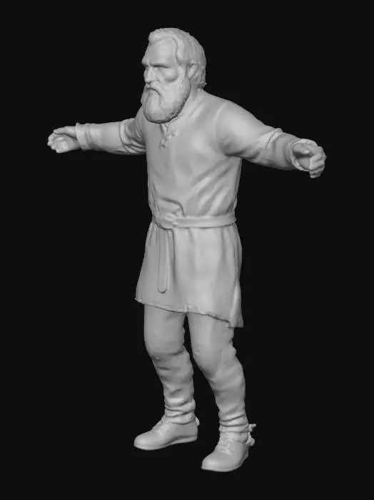 3D model for 중세 시대의 늙은 남자가 투박하고 튼튼한 손으로 닳고 광택을 잃은 주석 재질의 술잔을 들고 서 있다. 깊게 주름진 얼굴에는 세월의 흔적이 뚜렷하며, 긴 수염이 덥수룩하다. 그는 거친 질감의 짙은 색 튜닉과 낡은 바지를 입고 있으며, 허리에는 마모된 가죽 벨트가 매여 있다. 굽은 등은 오랜 삶의 무게를 보여주고, 투박한 가죽 신발이 그의 발을 덮고 있다. 묵직하고 차가운 느낌의 술잔 속에는 어두운 액체가 담겨 있다.