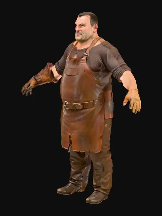 3D model for 배가 나온 중년의 중세시대 대장장이 전신 3D 모델. M자 탈모가 있는 짧은 머리, 주름진 얼굴, 두꺼운 코. 땀에 젖은 듯한 거친 갈색 작업복을 입고 있으며, 왼손에는 낡은 가죽 장갑을 끼고 있다. 근육질이면서도 불룩한 배가 특징이며, 전체적으로 낡고 거친 질감이 느껴진다.