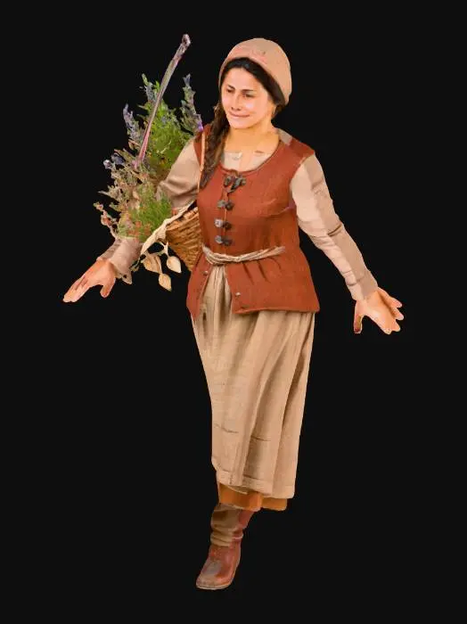 3D model for 시장 한가운데 서 있는 듯한 활기찬 중세 상인 여성의 전신 3D 모델. 옅은 갈색의 두꺼운 리넨 드레스 위에 낡은 듯한 붉은색 양모 조끼를 겹쳐 입었습니다. 어깨에는 잘 짜인 밀짚 바구니를 메고 있으며, 내용물로는 말린 허브와 작은 수공예품이 가득합니다. 발에는 투박하지만 튼튼한 가죽 부츠를 신고 바닥에 단단히 서 있습니다. 친근하고 활기찬 미소를 띠고 있으며, 바쁘게 일하는 상인의 생동감과 소박한 매력이 전신에 걸쳐 강조됩니다.