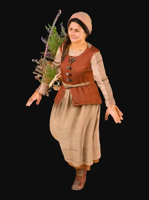 3D model for 시장 한가운데 서 있는 듯한 활기찬 중세 상인 여성의 전신 3D 모델. 옅은 갈색의 두꺼운 리넨 드레스 위에 낡은 듯한 붉은색 양모 조끼를 겹쳐 입었습니다. 어깨에는 잘 짜인 밀짚 바구니를 메고 있으며, 내용물로는 말린 허브와 작은 수공예품이 가득합니다. 발에는 투박하지만 튼튼한 가죽 부츠를 신고 바닥에 단단히 서 있습니다. 친근하고 활기찬 미소를 띠고 있으며, 바쁘게 일하는 상인의 생동감과 소박한 매력이 전신에 걸쳐 강조됩니다.