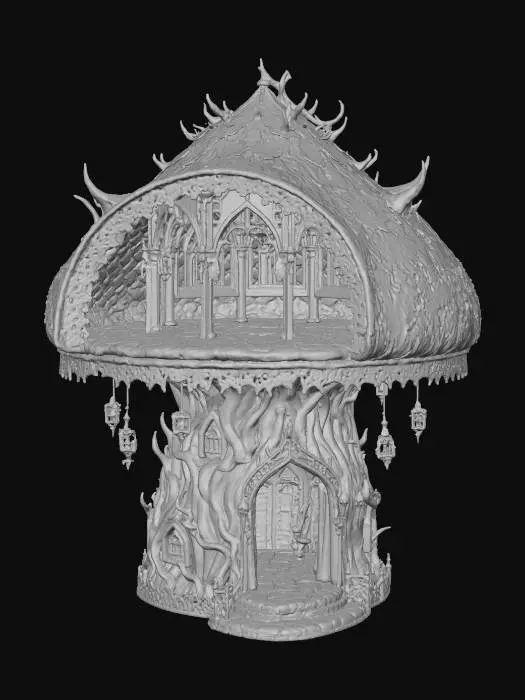 3D model for Can you make a picture of a gothic style mushroom house with a big cap on top that is hollow on the inside with chandiler like windows and lace triming