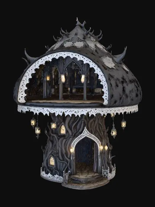 3D model for Can you make a picture of a gothic style mushroom house with a big cap on top that is hollow on the inside with chandiler like windows and lace triming