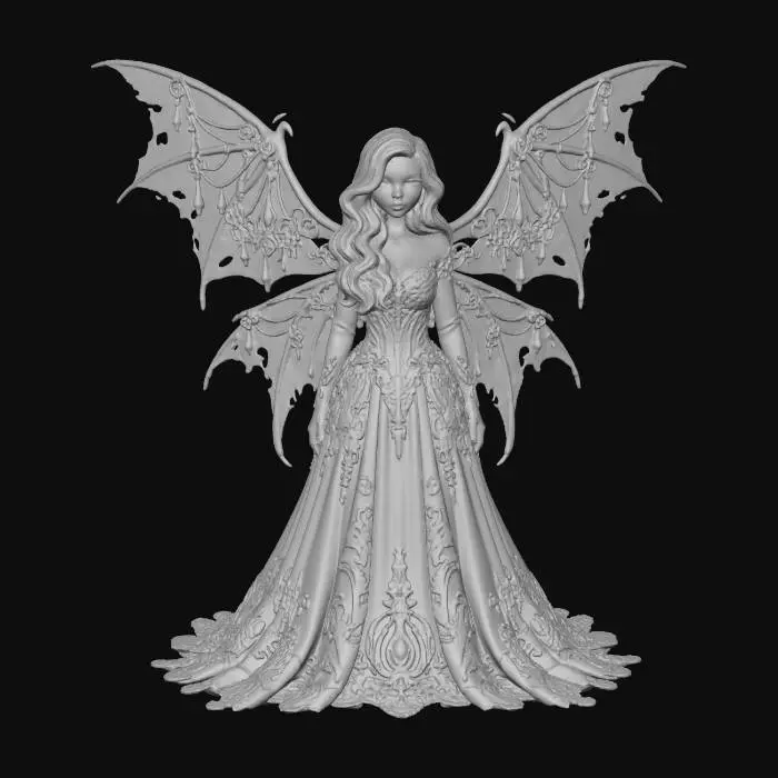 3D model for Gothic elegant fairy with bat like wings that are torn and have chandiler type design keeping it elegant, stylish, and simple