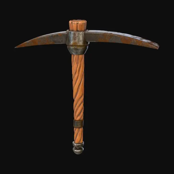 3D model for Stylized Novice Pickaxe Icon for a Fantasy MMORPG with a wooden handle and dull metal head.