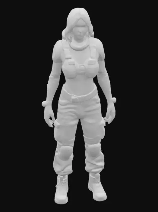 3D model for A full-body 3D model of a tall female sci-fi engineer, age 25, height 190 cm, athletic and tough build. 
Wearing industrial engineer armor: heavy-duty black bodysuit with red and yellow mechanical detailing, reinforced boots, chest-mounted tools, exosuit frame on back, glowing circuits on arms. 
Expression: focused, with a slight stern smirk. 
Style: dark sci-fi, utilitarian, semi-realistic. 
T-pose, game-ready topology, PBR-ready mesh.
Keywords: industrial engineer, dystopian, rugged, exosuit, woman in tech gear.
