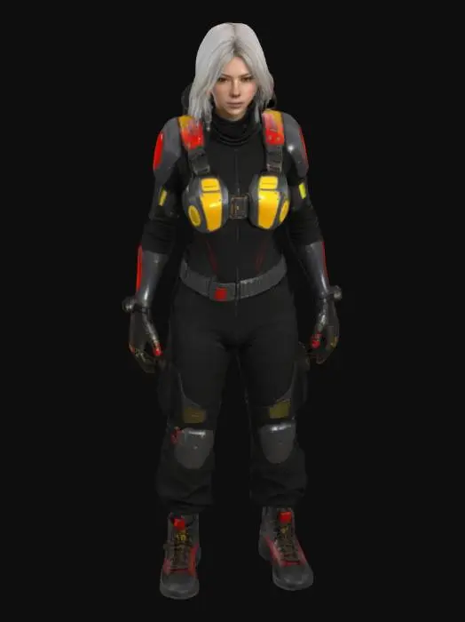 3D model for A full-body 3D model of a tall female sci-fi engineer, age 25, height 190 cm, athletic and tough build. 
Wearing industrial engineer armor: heavy-duty black bodysuit with red and yellow mechanical detailing, reinforced boots, chest-mounted tools, exosuit frame on back, glowing circuits on arms. 
Expression: focused, with a slight stern smirk. 
Style: dark sci-fi, utilitarian, semi-realistic. 
T-pose, game-ready topology, PBR-ready mesh.
Keywords: industrial engineer, dystopian, rugged, exosuit, woman in tech gear.
