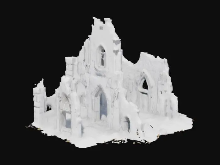 3D model for The object is a sketch of a building, once majestic, now crumbling, with an arched entrance, rectangular windows, and textured shading creating a sense of depth and structure.