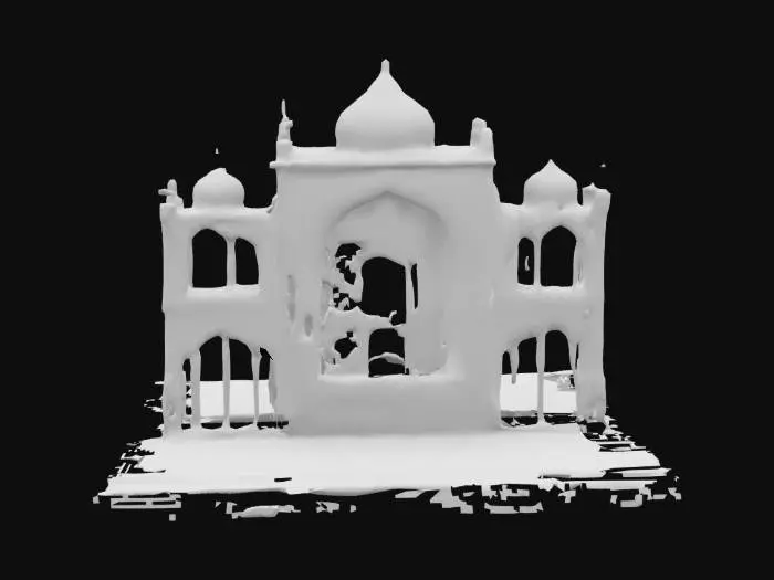 3D model for A 3D cutout-style model of a Mughal jharoka balcony — an overhanging window box crafted in delicately carved wood and sandstone. The jali screen panels are broken in places, revealing fading pigment work behind them. The structure is styled like a painted cutout, with rich textures that mimic aged watercolor strokes, dusty wood grain, and gold floral accents. The jharoka appears to pop out of a parchment base with Mughal floral border art curling underneath it.
