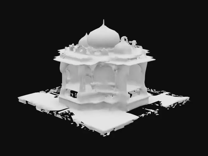 3D model for A 3D cutout-style model of a Mughal jharoka balcony — an overhanging window box crafted in delicately carved wood and sandstone. The jali screen panels are broken in places, revealing fading pigment work behind them. The structure is styled like a painted cutout, with rich textures that mimic aged watercolor strokes, dusty wood grain, and gold floral accents. The jharoka appears to pop out of a parchment base with Mughal floral border art curling underneath it.
