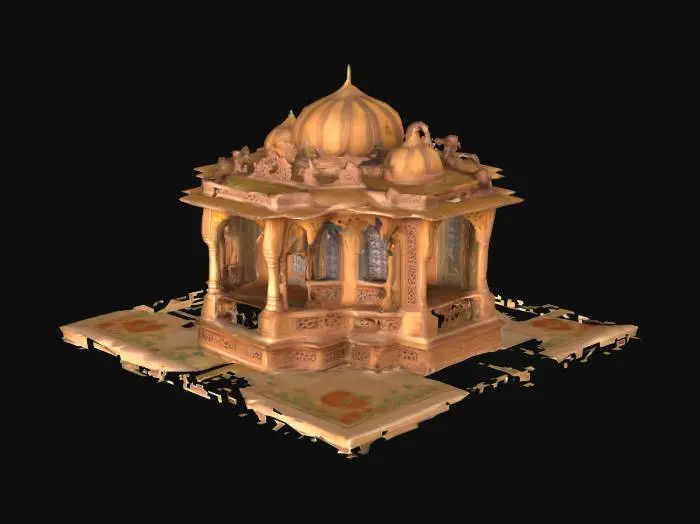 3D model for A 3D cutout-style model of a Mughal jharoka balcony — an overhanging window box crafted in delicately carved wood and sandstone. The jali screen panels are broken in places, revealing fading pigment work behind them. The structure is styled like a painted cutout, with rich textures that mimic aged watercolor strokes, dusty wood grain, and gold floral accents. The jharoka appears to pop out of a parchment base with Mughal floral border art curling underneath it.
