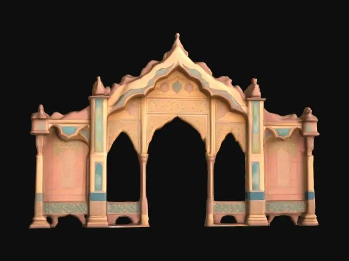 3D model for A standalone 3D fragment of a grand Mughal archway, styled as a paper pop-up from a miniature painting. The arch features scalloped cusps, carved floral patterns, and faded geometric inlays, all rendered in hand-painted textures that mimic aged sandstone and natural pigments. The arch stands alone, with cracks, chipped corners, and brushstroke shadows adding an ancient, illustrative quality. The colors include soft terracotta, sandstone beige, deep teal, and muted emerald. The base curls like an illustrated parchment page, giving the illusion it has lifted from an old manuscript.