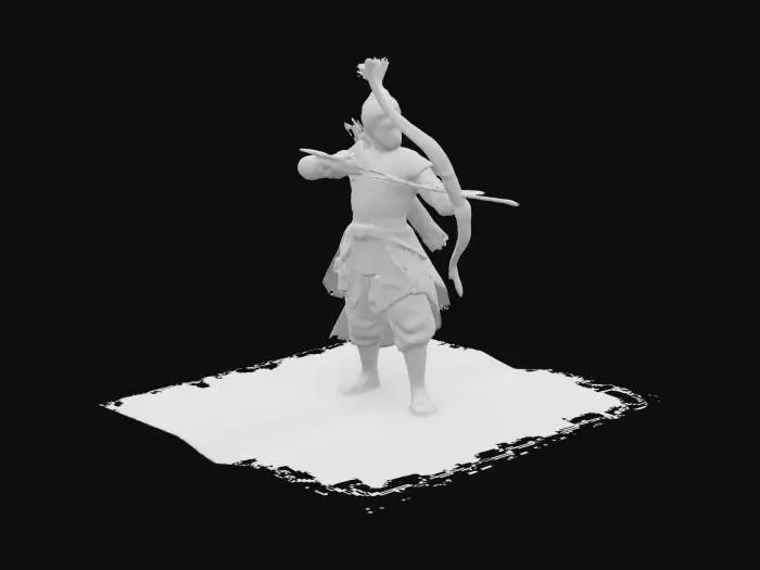 3D model for A 3D illustrated-style figure of a Mughal archer pulling a bowstring, styled to resemble a pop-out from an illuminated miniature painting. He wears layered armor in matte gold and olive green, with a red turban and leather sandals. His bow is decorated with carved motifs. The textures are hand-painted and slightly distressed, as if the colors were fading on old paper. He stands atop an unfurling page, patterned with geometric and floral motifs.