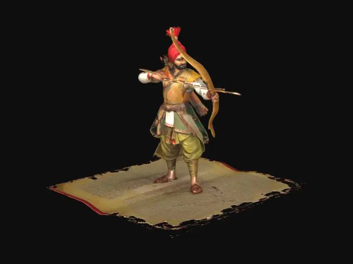 3D model for A 3D illustrated-style figure of a Mughal archer pulling a bowstring, styled to resemble a pop-out from an illuminated miniature painting. He wears layered armor in matte gold and olive green, with a red turban and leather sandals. His bow is decorated with carved motifs. The textures are hand-painted and slightly distressed, as if the colors were fading on old paper. He stands atop an unfurling page, patterned with geometric and floral motifs.
