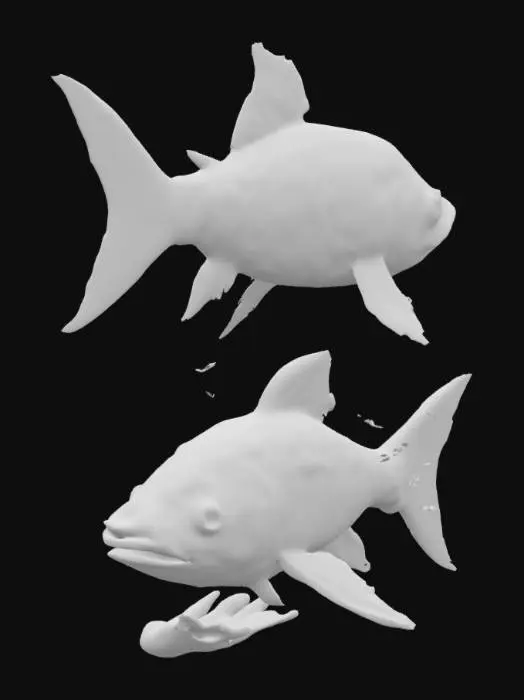 3D model for suspended indoor art installation for an imaginative place. A surreal fish sculpture floating in midair, blending art, fantasy, and nature. The fish is designed with intricate hand-crafted paper or ceramic textures, featuring stylized scales, flowing fins, and delicate ink-like detailing. One version has a porcelain blue-and-white aesthetic inspired by traditional Asian art, held gently in a human hand, with a deep forest in the background. Another version transforms the fish into a transparent, glass-like koi with blooming flowers, soft petals, and leaves growing through its body and fins. The style is imaginative, whimsical, and poetic a fusion of Studio Ghibli magic and hyperreal digital art. Emphasis on texture, softness, motion, and the symbolism of transformation and imagination.