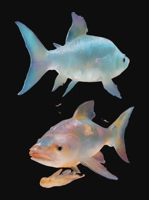 3D model for suspended indoor art installation for an imaginative place. A surreal fish sculpture floating in midair, blending art, fantasy, and nature. The fish is designed with intricate hand-crafted paper or ceramic textures, featuring stylized scales, flowing fins, and delicate ink-like detailing. One version has a porcelain blue-and-white aesthetic inspired by traditional Asian art, held gently in a human hand, with a deep forest in the background. Another version transforms the fish into a transparent, glass-like koi with blooming flowers, soft petals, and leaves growing through its body and fins. The style is imaginative, whimsical, and poetic a fusion of Studio Ghibli magic and hyperreal digital art. Emphasis on texture, softness, motion, and the symbolism of transformation and imagination.