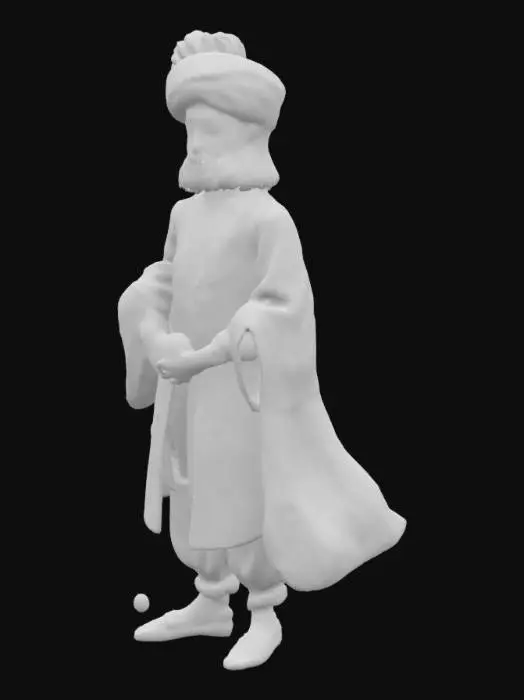 3D model for A lifelike, stylized 3D figure designed to look like a hand-painted Mughal miniature illustration that has popped out of the page like a paper cutout. The figure should have a slightly flattened form, with delicate, detailed textures resembling ancient parchment or hand-painted paper. Intricate Mughal attire: a flowing angarkha, churidars, and embroidered turban, with traditional jewelry, rendered in rich jewel tones emerald green, ruby red, gold, and deep indigo. The face should have delicate, symmetrical features with expressive almond eyes and fine line detailing, in the manner of Persian-influenced Mughal art. Textures should mimic natural pigments and aged handmade paper, with visible brush-like strokes.
