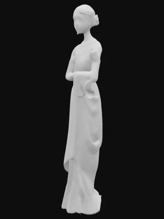 3D model for A lifelike, stylized 3D figure designed to look like a hand-painted female muslim Mughal miniature illustration that has popped out of the page like a paper cutout. The figure should have a slightly flattened form, with delicate, detailed textures resembling ancient parchment or hand-painted paper. Intricate Mughal attire: a flowing angarkha, churidars, and embroidered turban, with traditional jewelry, rendered in rich jewel tones emerald green, ruby red, gold, and deep indigo. The face should have delicate, symmetrical features with expressive almond eyes and fine line detailing, in the manner of Persian-influenced Mughal art. Textures should mimic natural pigments and aged handmade paper, with visible brush-like strokes.
