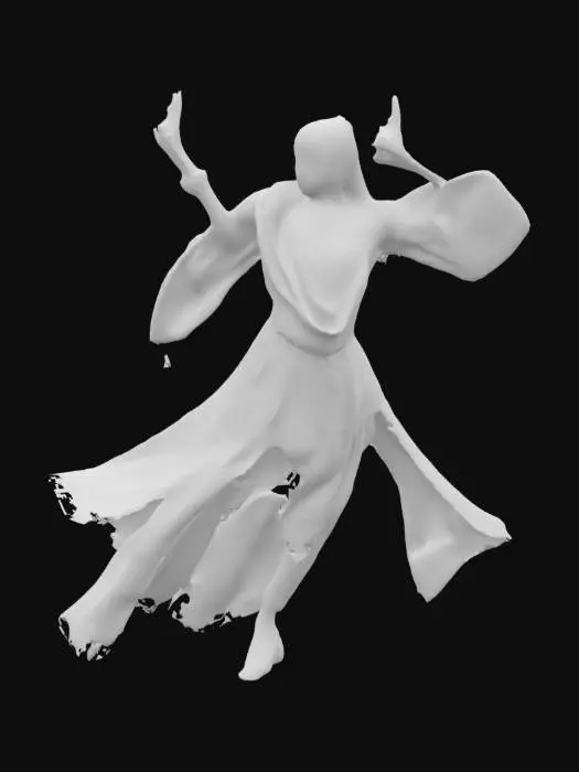 3D model for A Mughal-era courtesan mid-dance, emerging from a floral-printed manuscript background, wearing flowing teal attire, with golden anklets and hennaed hands, captured in delicate brushstroke textures.