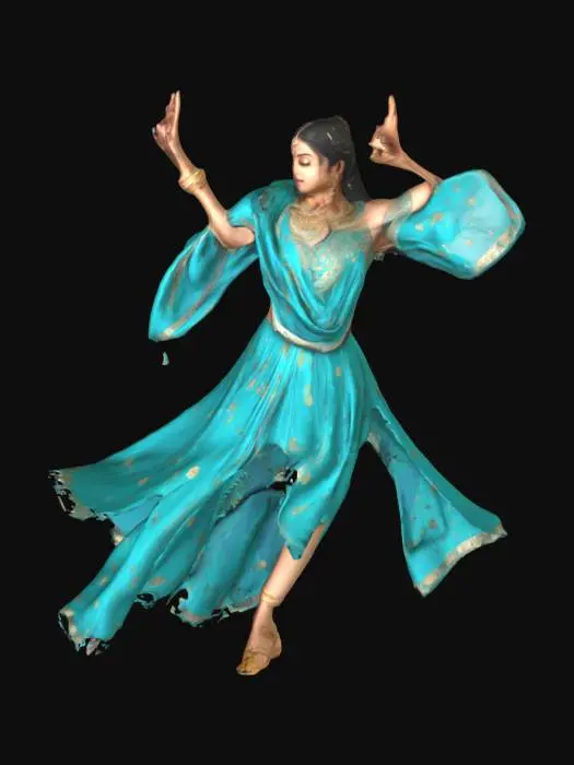 3D model for A Mughal-era courtesan mid-dance, emerging from a floral-printed manuscript background, wearing flowing teal attire, with golden anklets and hennaed hands, captured in delicate brushstroke textures.