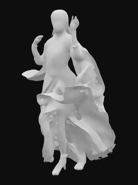 3D model for A Mughal-era courtesan mid-dance, emerging from a floral-printed manuscript background, wearing flowing teal attire, with golden anklets and hennaed hands, captured in delicate brushstroke textures.