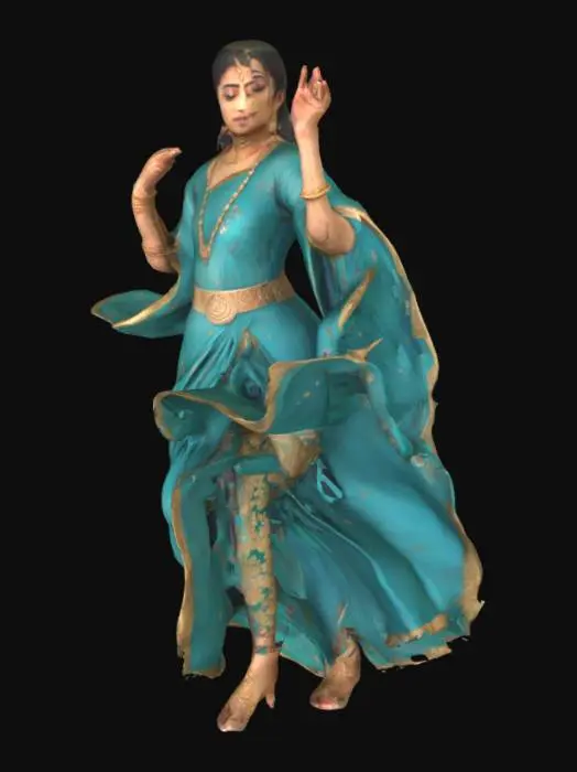 3D model for A Mughal-era courtesan mid-dance, emerging from a floral-printed manuscript background, wearing flowing teal attire, with golden anklets and hennaed hands, captured in delicate brushstroke textures.