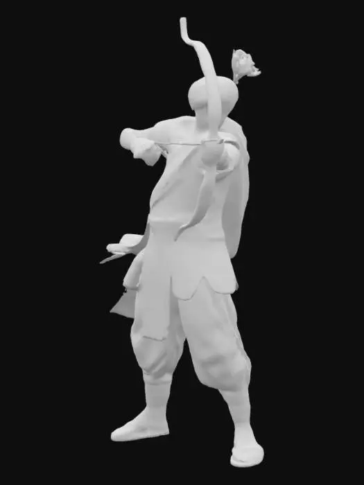 3D model for A 3D illustrated-style figure of a Mughal archer pulling a bowstring, styled to resemble a pop-out from an illuminated miniature painting. He wears layered armor in matte gold and olive green, with a red turban and leather sandals. His bow is decorated with carved motifs. The textures are hand-painted and slightly distressed, as if the colors were fading on old paper. He stands atop an unfurling page, patterned with geometric and floral motifs.