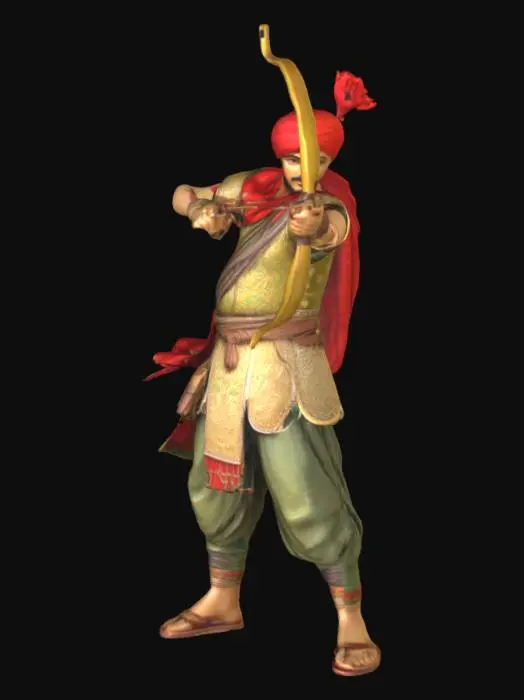 3D model for A 3D illustrated-style figure of a Mughal archer pulling a bowstring, styled to resemble a pop-out from an illuminated miniature painting. He wears layered armor in matte gold and olive green, with a red turban and leather sandals. His bow is decorated with carved motifs. The textures are hand-painted and slightly distressed, as if the colors were fading on old paper. He stands atop an unfurling page, patterned with geometric and floral motifs.