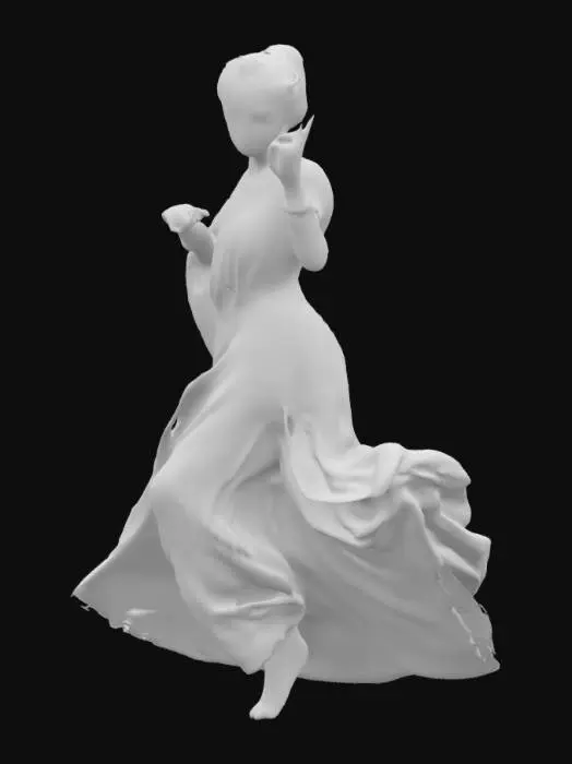 3D model for A Mughal-era courtesan mid-dance, emerging from a floral-printed manuscript background, wearing flowing teal attire, with golden anklets and hennaed hands, captured in delicate brushstroke textures.