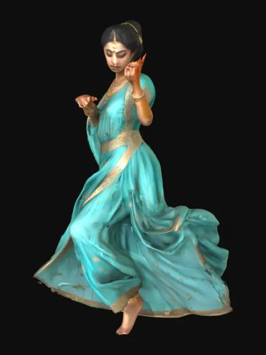 3D model for A Mughal-era courtesan mid-dance, emerging from a floral-printed manuscript background, wearing flowing teal attire, with golden anklets and hennaed hands, captured in delicate brushstroke textures.
