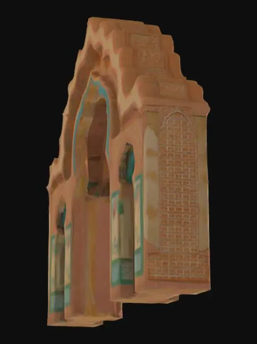 3D model for A standalone 3D fragment of a grand Mughal archway, styled as a paper pop-up from a miniature painting. The arch features scalloped cusps, carved floral patterns, and faded geometric inlays, all rendered in hand-painted textures that mimic aged sandstone and natural pigments. The arch stands alone, with cracks, chipped corners, and brushstroke shadows adding an ancient, illustrative quality. The colors include soft terracotta, sandstone beige, deep teal, and muted emerald. The base curls like an illustrated parchment page, giving the illusion it has lifted from an old manuscript.