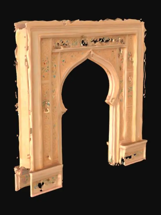 3D model for A standalone 3D fragment of a grand Mughal archway, styled as a paper pop-up from a miniature painting. The arch features scalloped cusps, carved floral patterns, and faded geometric inlays, all rendered in hand-painted textures that mimic aged sandstone and natural pigments. The arch stands alone, with cracks, chipped corners, and brushstroke shadows adding an ancient, illustrative quality. The colors include soft terracotta, sandstone beige, deep teal, and muted emerald. The base curls like an illustrated parchment page, giving the illusion it has lifted from an old manuscript.