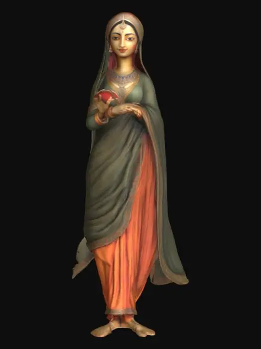 3D model for A lifelike, stylized 3D figure designed to look like a hand-painted female Mughal miniature illustration that has popped out of the page like a paper cutout. The figure should have a slightly flattened form, with delicate, detailed textures resembling ancient parchment or hand-painted paper. Intricate Mughal attire: a flowing angarkha, churidars, and embroidered turban, with traditional jewelry, rendered in rich jewel tones emerald green, ruby red, gold, and deep indigo. The face should have delicate, symmetrical features with expressive almond eyes and fine line detailing, in the manner of Persian-influenced Mughal art. Textures should mimic natural pigments and aged handmade paper, with visible brush-like strokes.
