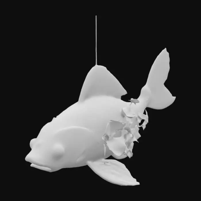 3D model for suspended indoor art installation for an imaginative third place. A surreal fish sculpture floating in midair, blending art, fantasy, and nature. The fish is designed with intricate hand-crafted paper or ceramic textures, featuring stylized scales, flowing fins, and delicate ink-like detailing. One version features a porcelain blue-and-white aesthetic inspired by traditional Asian art, held gently in a human hand, with a deep forest backdrop. Another version transforms the fish into a transparent, glass-like koi with blooming flowers, soft petals, and leaves growing through its body and fins. The style is imaginative, whimsical, and poetic — a fusion of Studio Ghibli magic and hyperreal digital art—emphasis on texture, softness, motion, and the symbolism of transformation and imagination.