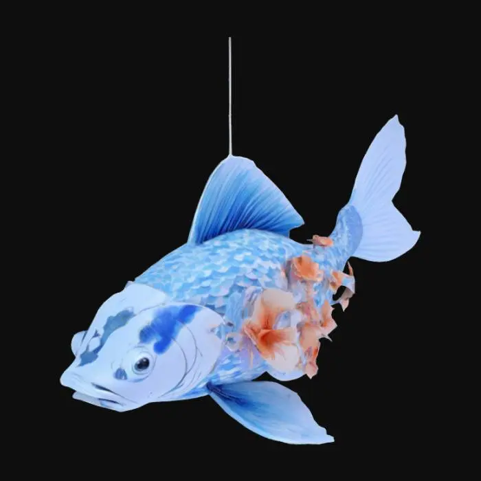 3D model for suspended indoor art installation for an imaginative third place. A surreal fish sculpture floating in midair, blending art, fantasy, and nature. The fish is designed with intricate hand-crafted paper or ceramic textures, featuring stylized scales, flowing fins, and delicate ink-like detailing. One version features a porcelain blue-and-white aesthetic inspired by traditional Asian art, held gently in a human hand, with a deep forest backdrop. Another version transforms the fish into a transparent, glass-like koi with blooming flowers, soft petals, and leaves growing through its body and fins. The style is imaginative, whimsical, and poetic — a fusion of Studio Ghibli magic and hyperreal digital art—emphasis on texture, softness, motion, and the symbolism of transformation and imagination.