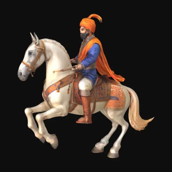 3D model for A noble Mughal man riding a rearing horse, modeled as a life-sized pop-up from a Mughal miniature painting. The nobleman wears a flowing indigo angarkha and orange sash, with a small curved dagger at his side. The horse is decorated with bridles and a patterned saddlecloth. The textures are flattened and painterly, with soft aging, muted tones, and fine detailing. The figure appears to rise from an ink-lined, yellowed manuscript page, curling at the edges.”

