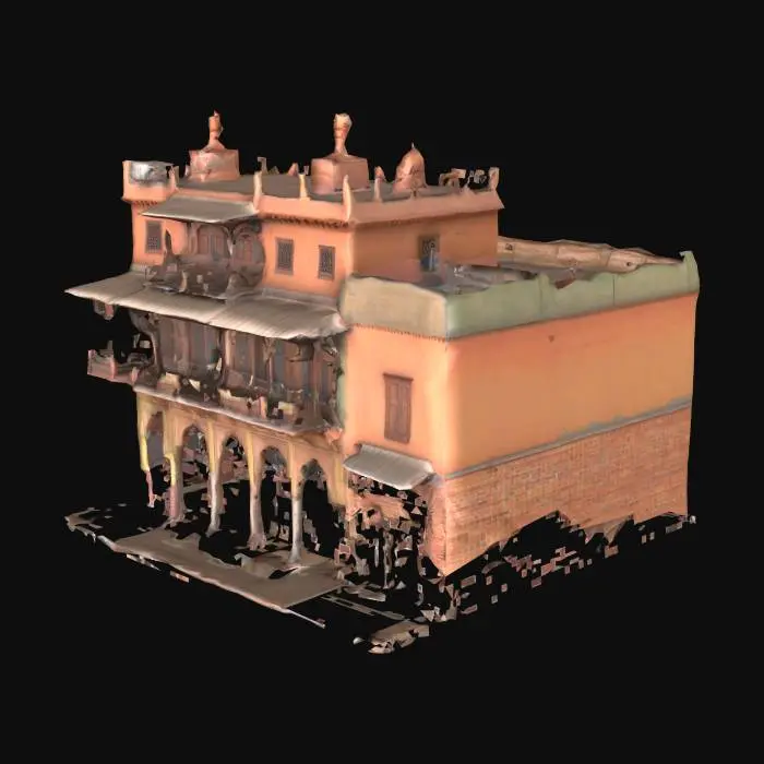 3D model for A stylized 3D architectural facade of a narrow Old Lahore street, with multiple adjoining buildings rendered in the flattened, hand-painted style of a Mughal miniature. Each building features wooden balconies (jharokas), faded brick walls, small windows with arched frames, and rooftop terraces with clay pots and drying clothes. Textures mimic hand-painted details on worn parchment, with earthy colors — burnt sienna, faded terracotta, deep browns, and dusty greens. The entire structure is designed to look like it has emerged from a centuries-old illustrated page, with curled manuscript corners and decorative calligraphy patterns wrapping around the base.

