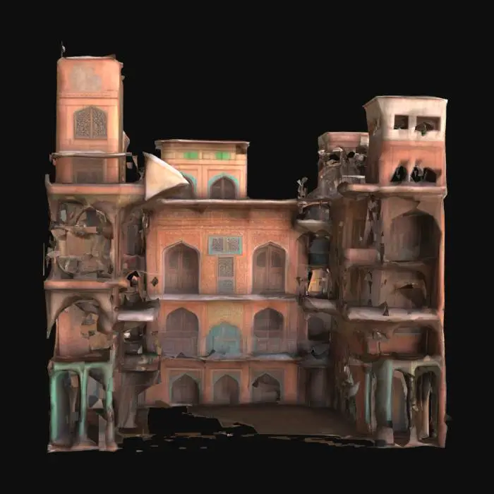 3D model for A stylized 3D architectural facade of a narrow Old Lahore street, with multiple adjoining buildings rendered in the flattened, hand-painted style of a Mughal miniature. Each building features wooden balconies (jharokas), faded brick walls, small windows with arched frames, and rooftop terraces with clay pots and drying clothes. Textures mimic hand-painted details on worn parchment, with earthy colors — burnt sienna, faded terracotta, deep browns, and dusty greens. The entire structure is designed to look like it has emerged from a centuries-old illustrated page, with curled manuscript corners and decorative calligraphy patterns wrapping around the base.
