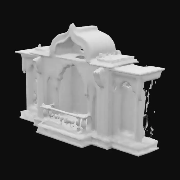 3D model for A 3D cutout-style model of a Mughal jharoka balcony — an overhanging window box crafted in delicately carved wood and sandstone. The jali screen panels are broken in places, revealing fading pigment work behind them. The structure is styled like a painted cutout, with rich textures that mimic aged watercolor strokes, dusty wood grain, and gold floral accents. The jharoka appears to pop out of a parchment base with Mughal floral border art curling underneath it.
