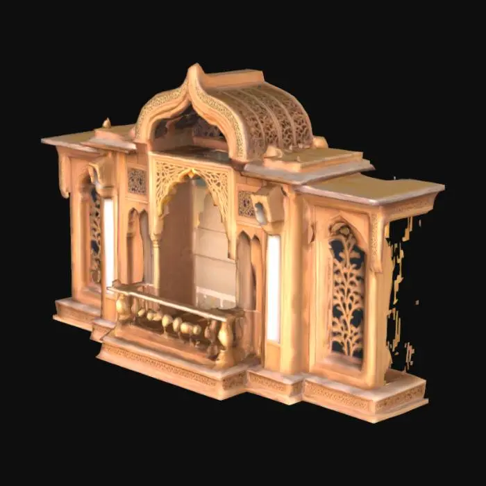 3D model for A 3D cutout-style model of a Mughal jharoka balcony — an overhanging window box crafted in delicately carved wood and sandstone. The jali screen panels are broken in places, revealing fading pigment work behind them. The structure is styled like a painted cutout, with rich textures that mimic aged watercolor strokes, dusty wood grain, and gold floral accents. The jharoka appears to pop out of a parchment base with Mughal floral border art curling underneath it.
