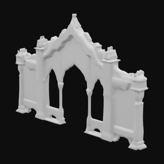 3D model for A standalone 3D fragment of a grand Mughal archway, styled as a paper pop-up from a miniature painting. The arch features scalloped cusps, carved floral patterns, and faded geometric inlays, all rendered in hand-painted textures that mimic aged sandstone and natural pigments. The arch stands alone, with cracks, chipped corners, and brushstroke shadows adding an ancient, illustrative quality. The colors include soft terracotta, sandstone beige, deep teal, and muted emerald. The base curls like an illustrated parchment page, giving the illusion it has lifted from an old manuscript.