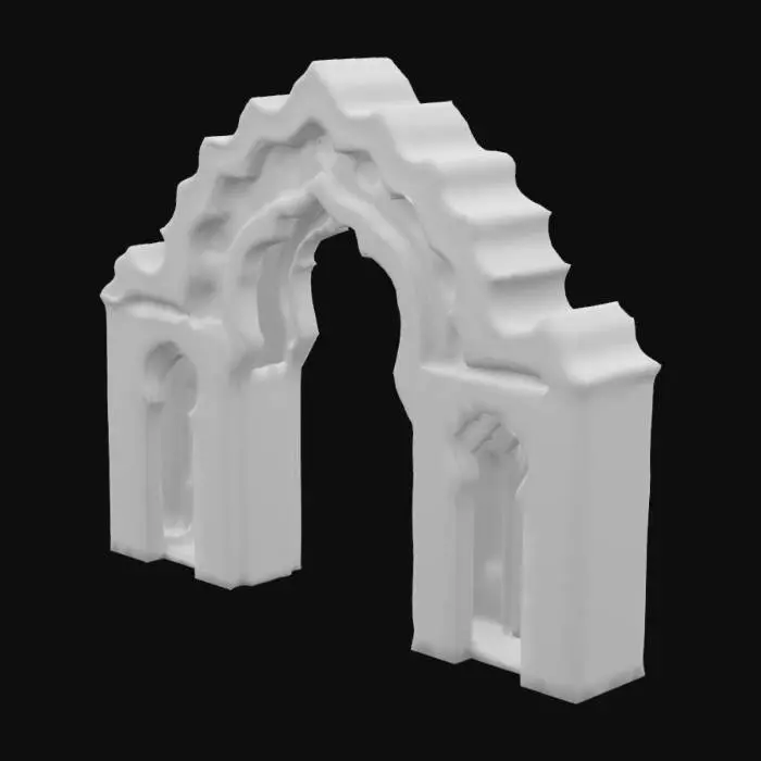 3D model for A standalone 3D fragment of a grand Mughal archway, styled as a paper pop-up from a miniature painting. The arch features scalloped cusps, carved floral patterns, and faded geometric inlays, all rendered in hand-painted textures that mimic aged sandstone and natural pigments. The arch stands alone, with cracks, chipped corners, and brushstroke shadows adding an ancient, illustrative quality. The colors include soft terracotta, sandstone beige, deep teal, and muted emerald. The base curls like an illustrated parchment page, giving the illusion it has lifted from an old manuscript.