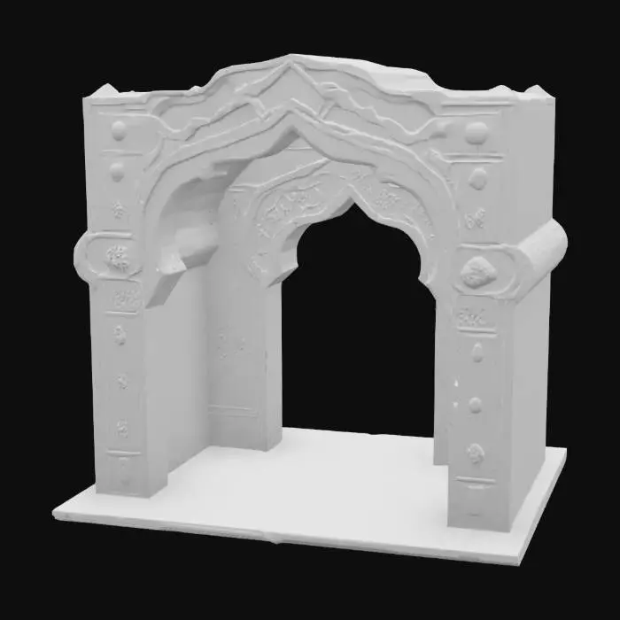 3D model for A standalone 3D fragment of a grand Mughal archway, styled as a paper pop-up from a miniature painting. The arch features scalloped cusps, carved floral patterns, and faded geometric inlays, all rendered in hand-painted textures that mimic aged sandstone and natural pigments. The arch stands alone, with cracks, chipped corners, and brushstroke shadows adding an ancient, illustrative quality. The colors include soft terracotta, sandstone beige, deep teal, and muted emerald. The base curls like an illustrated parchment page, giving the illusion it has lifted from an old manuscript.